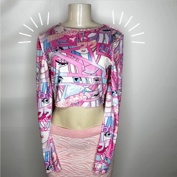Pink kawaii long sleeve anime crop top, size L - Picture 1 of 4